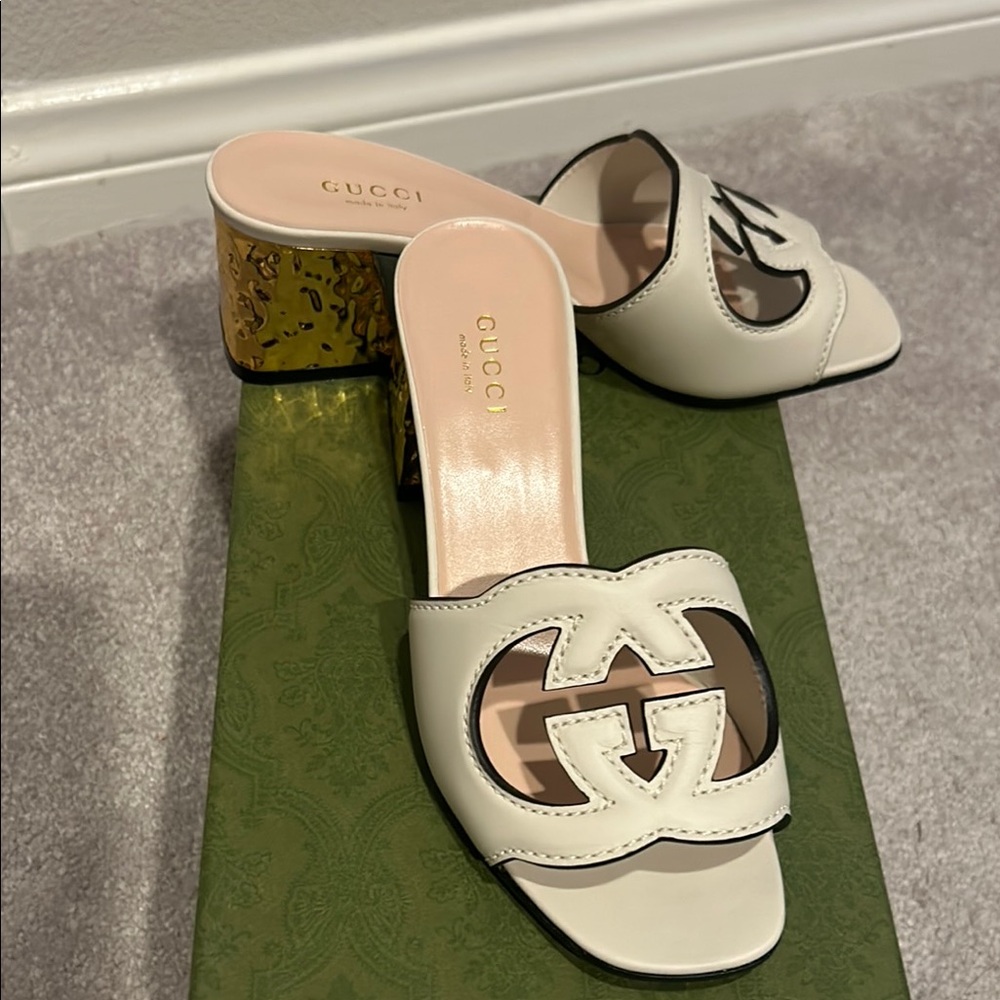 Gucci White Mules with Iconic GG Design. Size 34.5